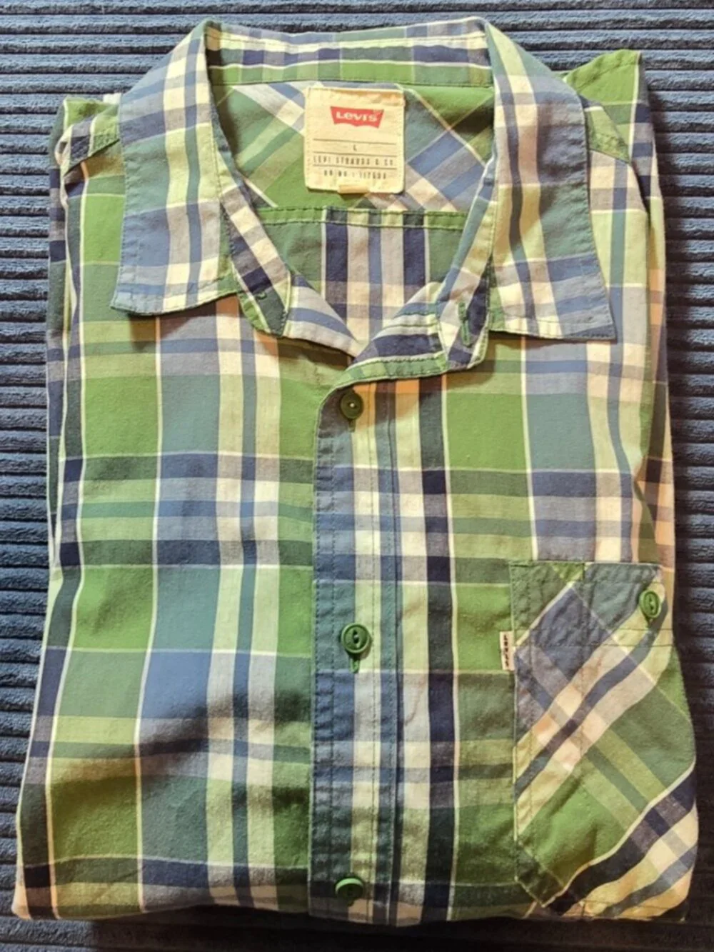 Levi's Mens Shirt Large Short Sleeve Plaid Button Up Green Blue White RN 117508